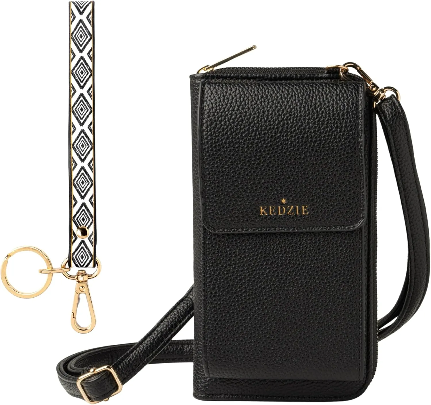 KEDZIE Eclipse Smartphone Crossbody Bag (Black) & Eclipse Vegan Leather Wristlet Key Chain Holder (Get in Line)