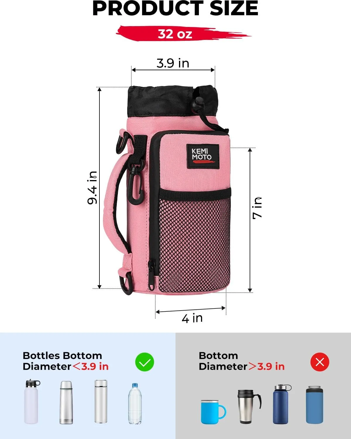 KEMIMOTO Water Bottle Holder Bag, Water Bottle Carrier with Adjustable Shoulder Strap, Water Bottle Pouch Holder for Hiking, Camping, Fishing, Compatible with YETI STANLEY SLM 32 oz, 40 oz, 64 oz