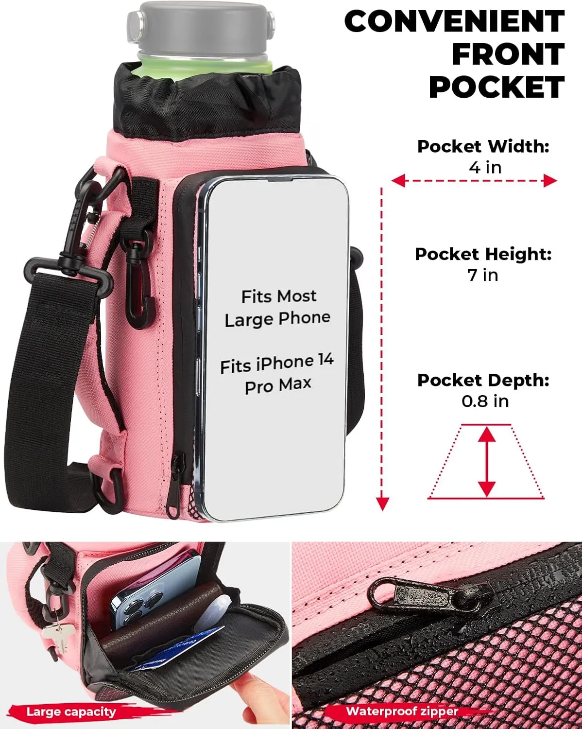 KEMIMOTO Water Bottle Holder Bag, Water Bottle Carrier with Adjustable Shoulder Strap, Water Bottle Pouch Holder for Hiking, Camping, Fishing, Compatible with YETI STANLEY SLM 32 oz, 40 oz, 64 oz