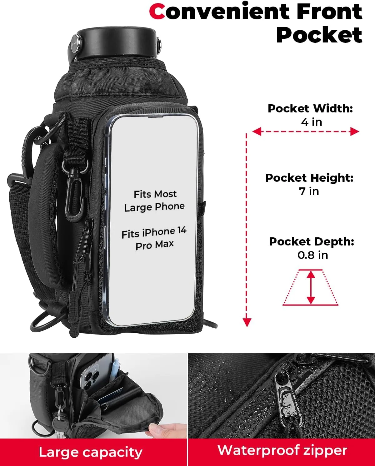 KEMIMOTO Water Bottle Holder Bag, Water Bottle Carrier with Adjustable Shoulder Strap, Water Bottle Pouch Holder for Hiking, Compatible with YETI Stanley SLM 32 oz, 40 oz
