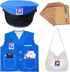 Kids Mailman Costume Mail Carrier Hat Mr. Postman Canvas Bag Vest Envelopes For Halloween Career Day Postal Costume