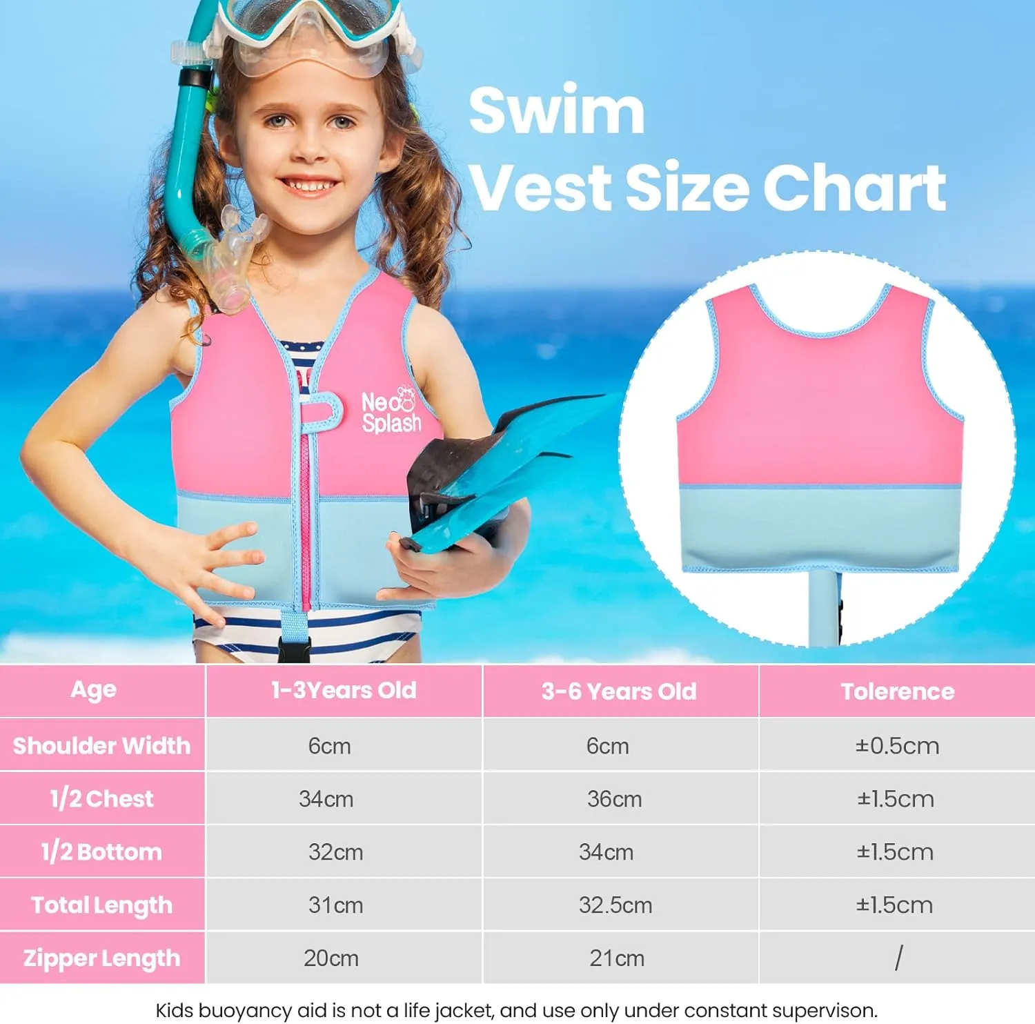 Kids Swim Vest Neoprene Swimming Aid with Adjustable Safety Strap for Age 1-3 and 3-6
