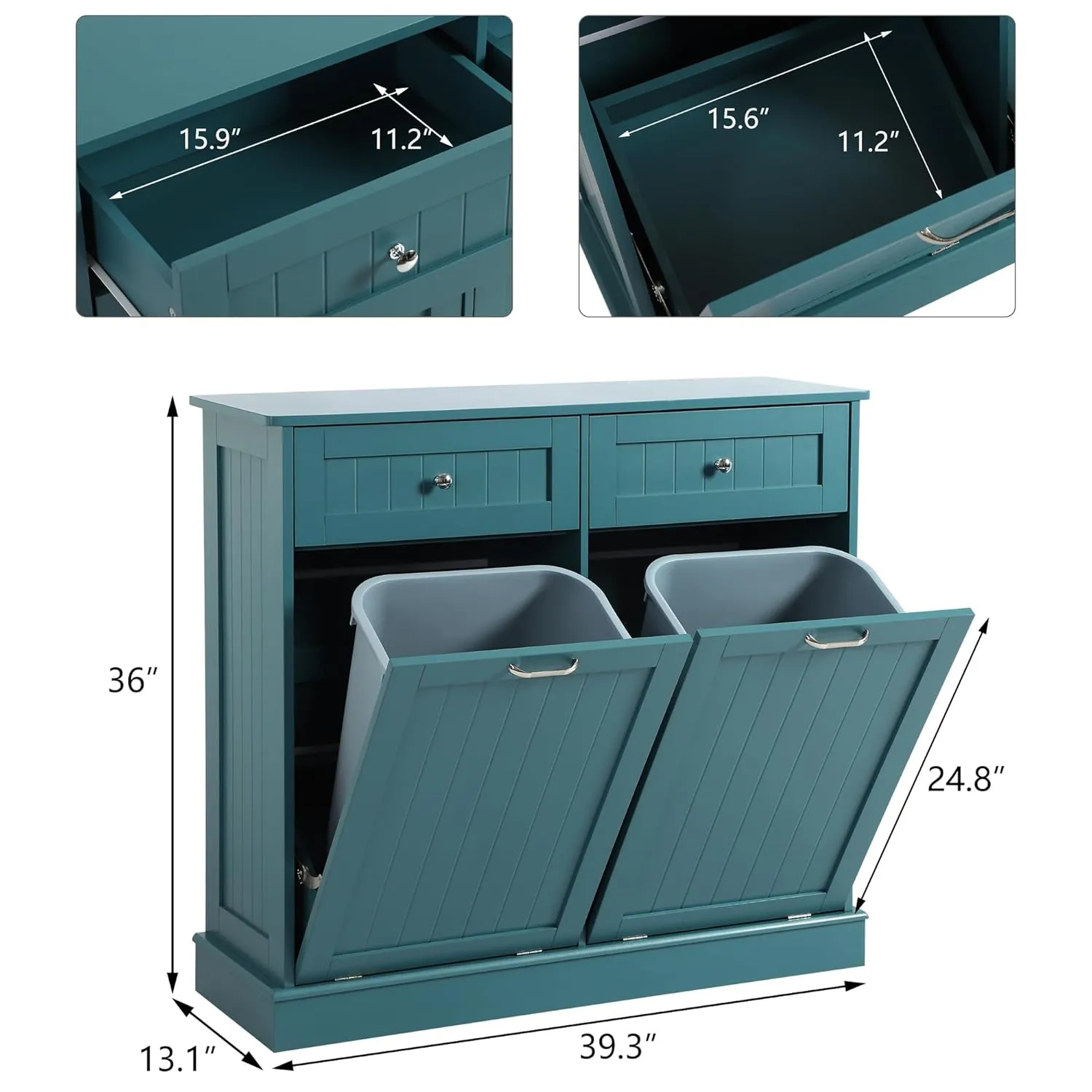 KIGOTY Double Tilt Out Trash Cabinet, Pet Proof Trash Can Cabinets with Countertop and Drawer, Trash Cabinet with Storage,Wooden Laundry Hamper for Kitchen, Teal Blue