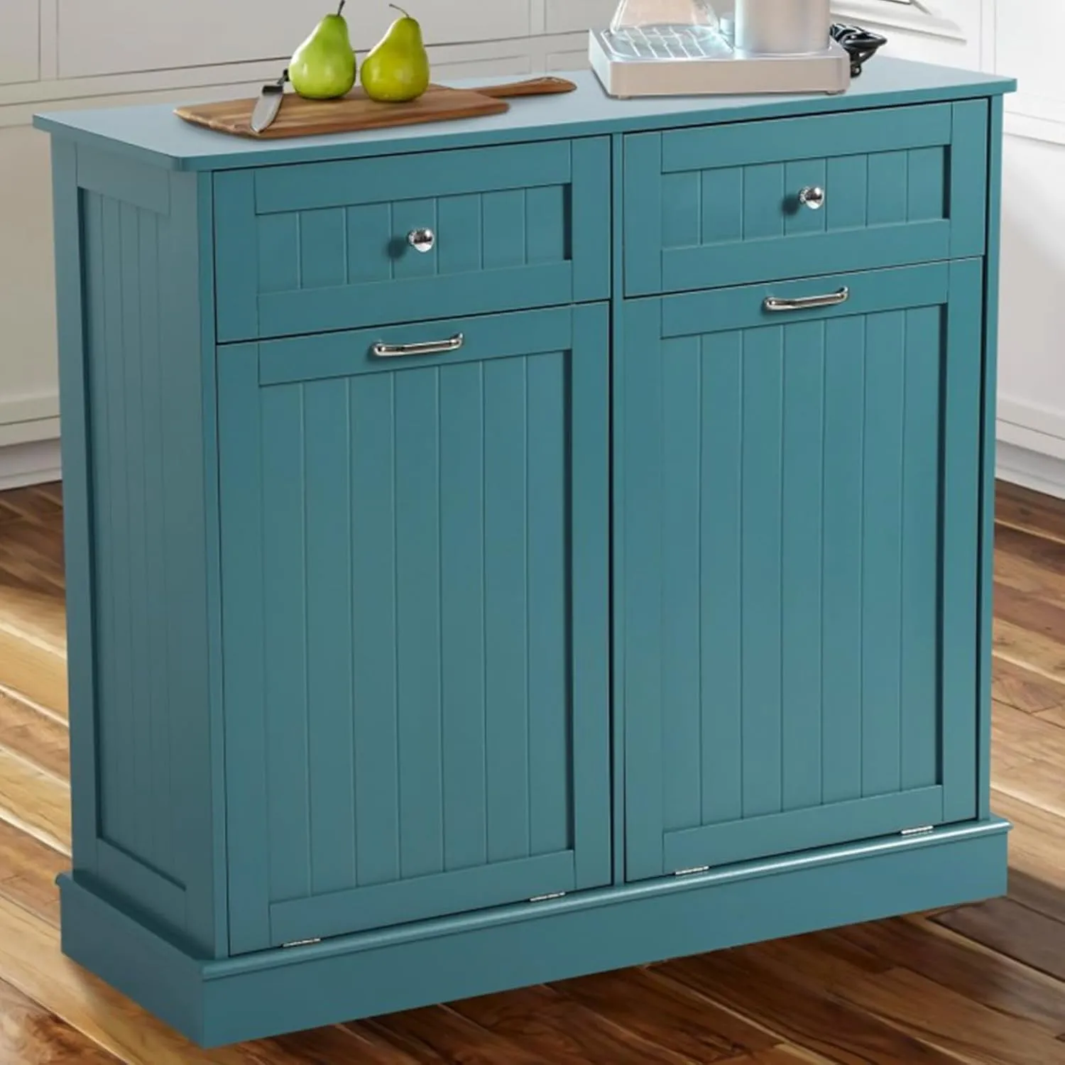 KIGOTY Double Tilt Out Trash Cabinet, Pet Proof Trash Can Cabinets with Countertop and Drawer, Trash Cabinet with Storage,Wooden Laundry Hamper for Kitchen, Teal Blue