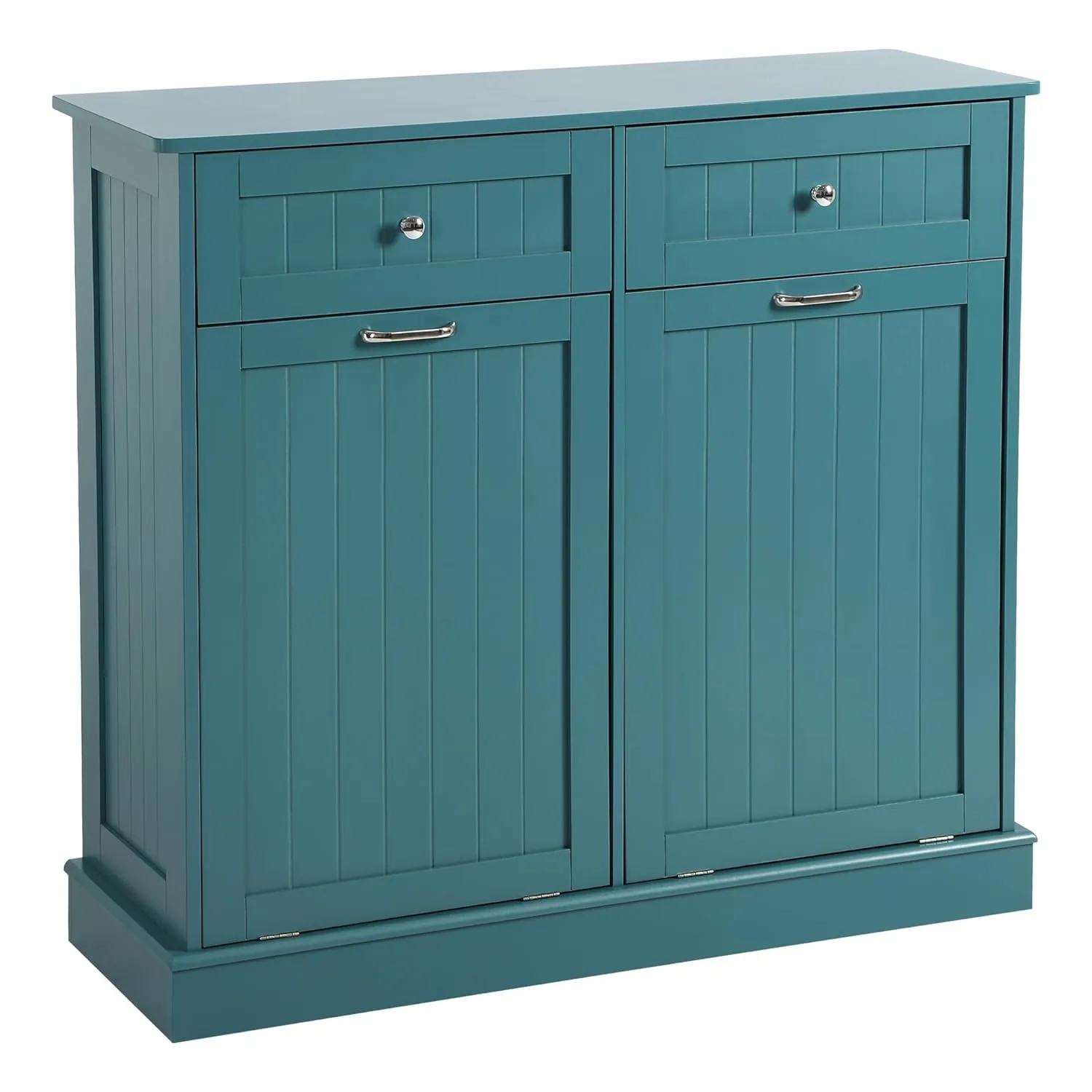KIGOTY Double Tilt Out Trash Cabinet, Pet Proof Trash Can Cabinets with Countertop and Drawer, Trash Cabinet with Storage,Wooden Laundry Hamper for Kitchen, Teal Blue