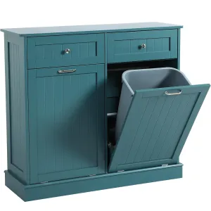 KIGOTY Double Tilt Out Trash Cabinet, Pet Proof Trash Can Cabinets with Countertop and Drawer, Trash Cabinet with Storage,Wooden Laundry Hamper for Kitchen, Teal Blue