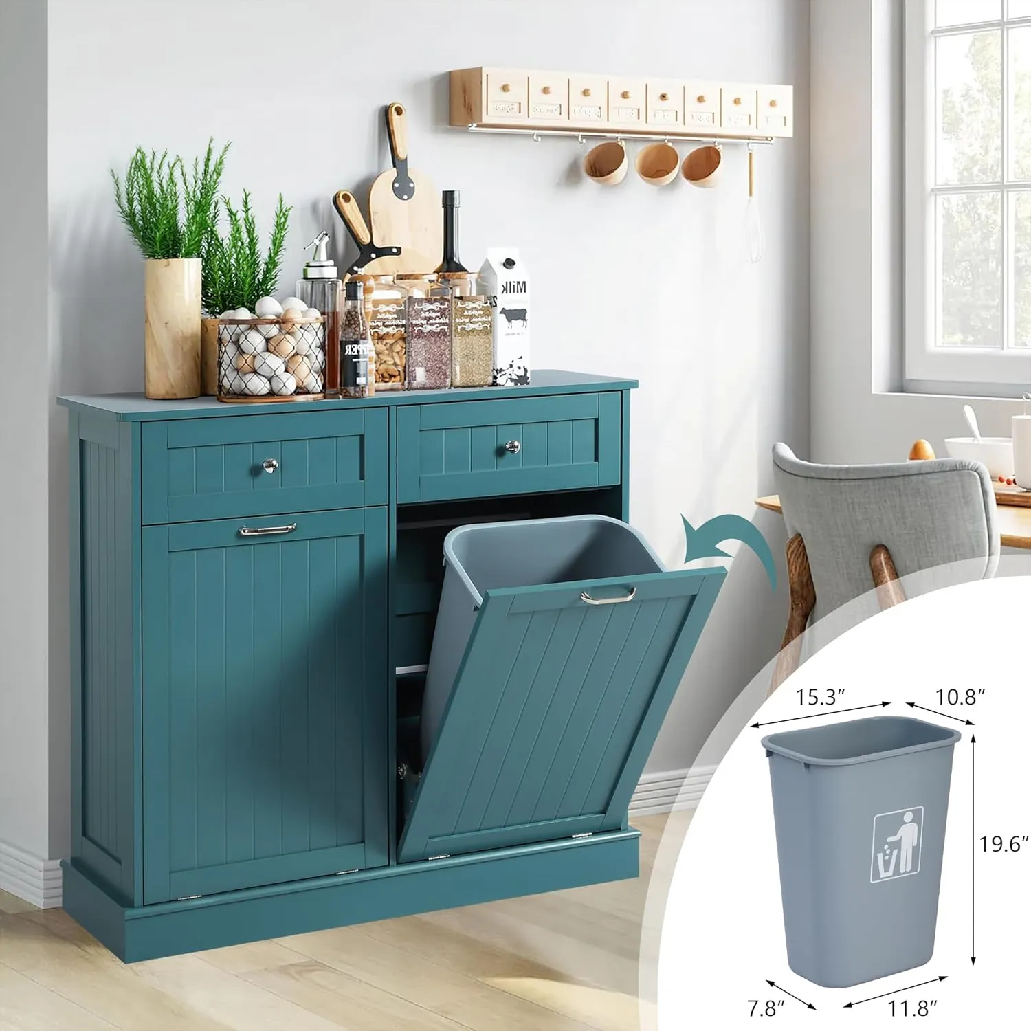 KIGOTY Double Tilt Out Trash Cabinet, Pet Proof Trash Can Cabinets with Countertop and Drawer, Trash Cabinet with Storage,Wooden Laundry Hamper for Kitchen, Teal Blue
