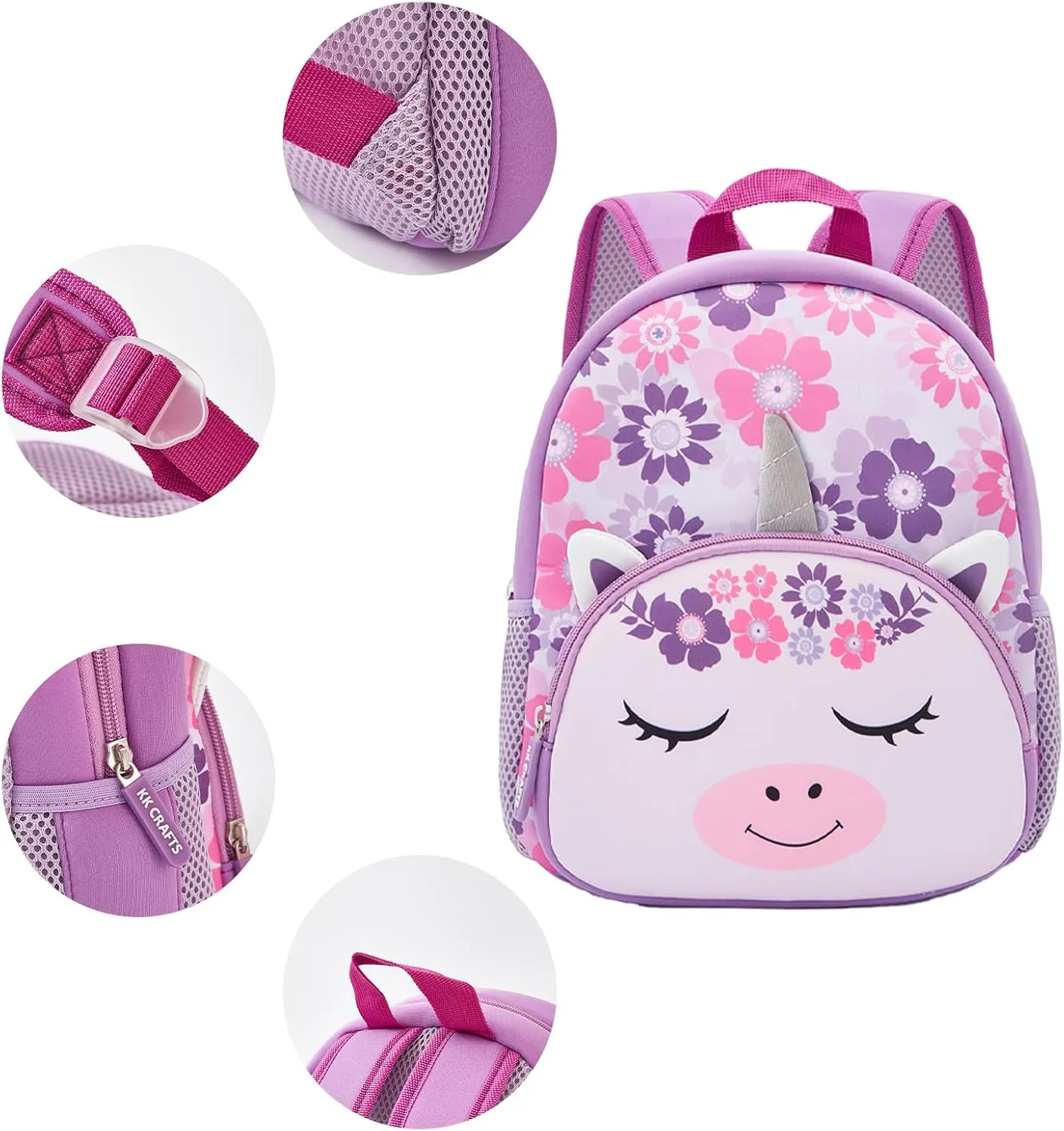 KK CRAFTS Preschool Backpack Toddler Neoprene Animal Schoolbag Lunch backpack for Kids Boys Girls(Silver-Horn Unicorn)