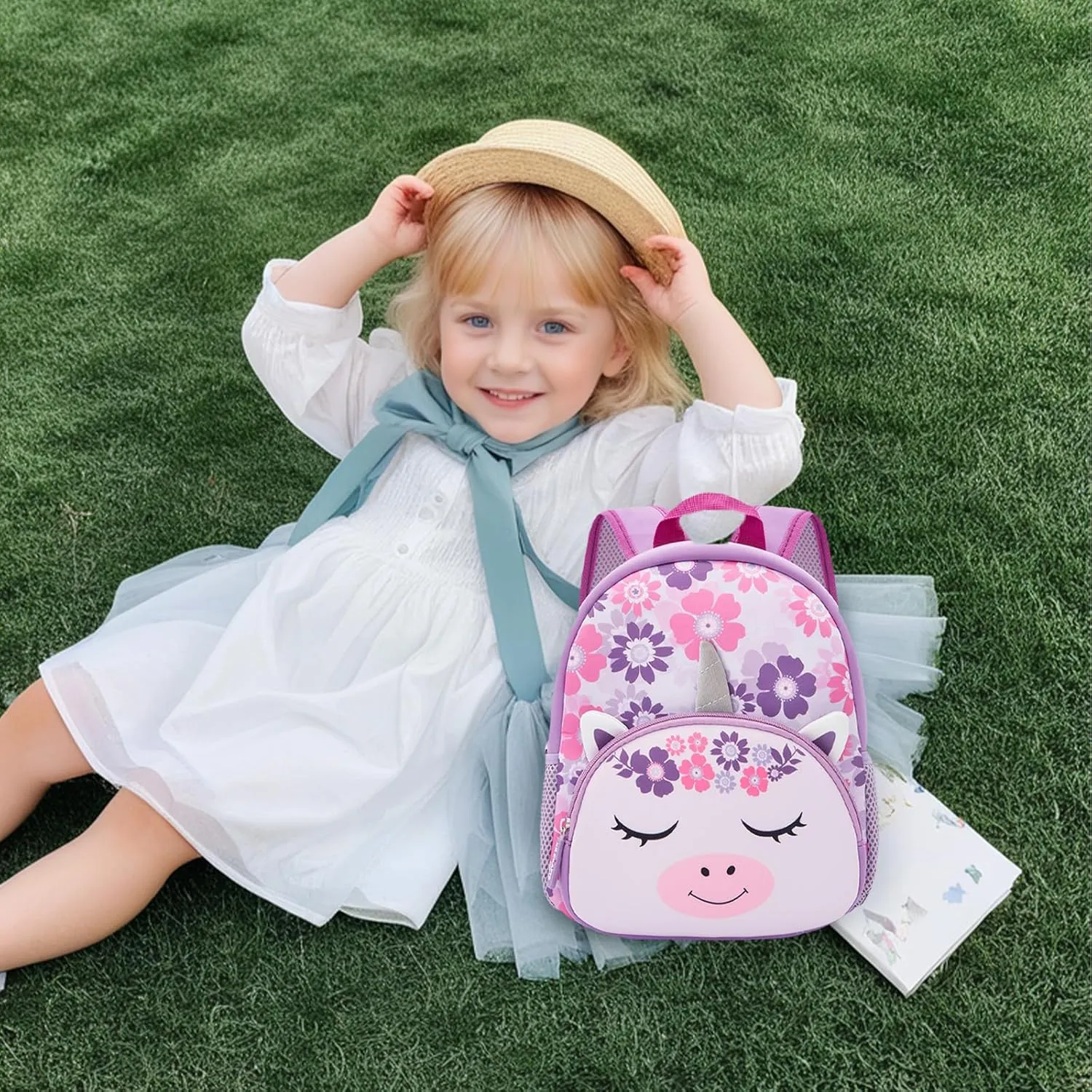 KK CRAFTS Preschool Backpack Toddler Neoprene Animal Schoolbag Lunch backpack for Kids Boys Girls(Silver-Horn Unicorn)