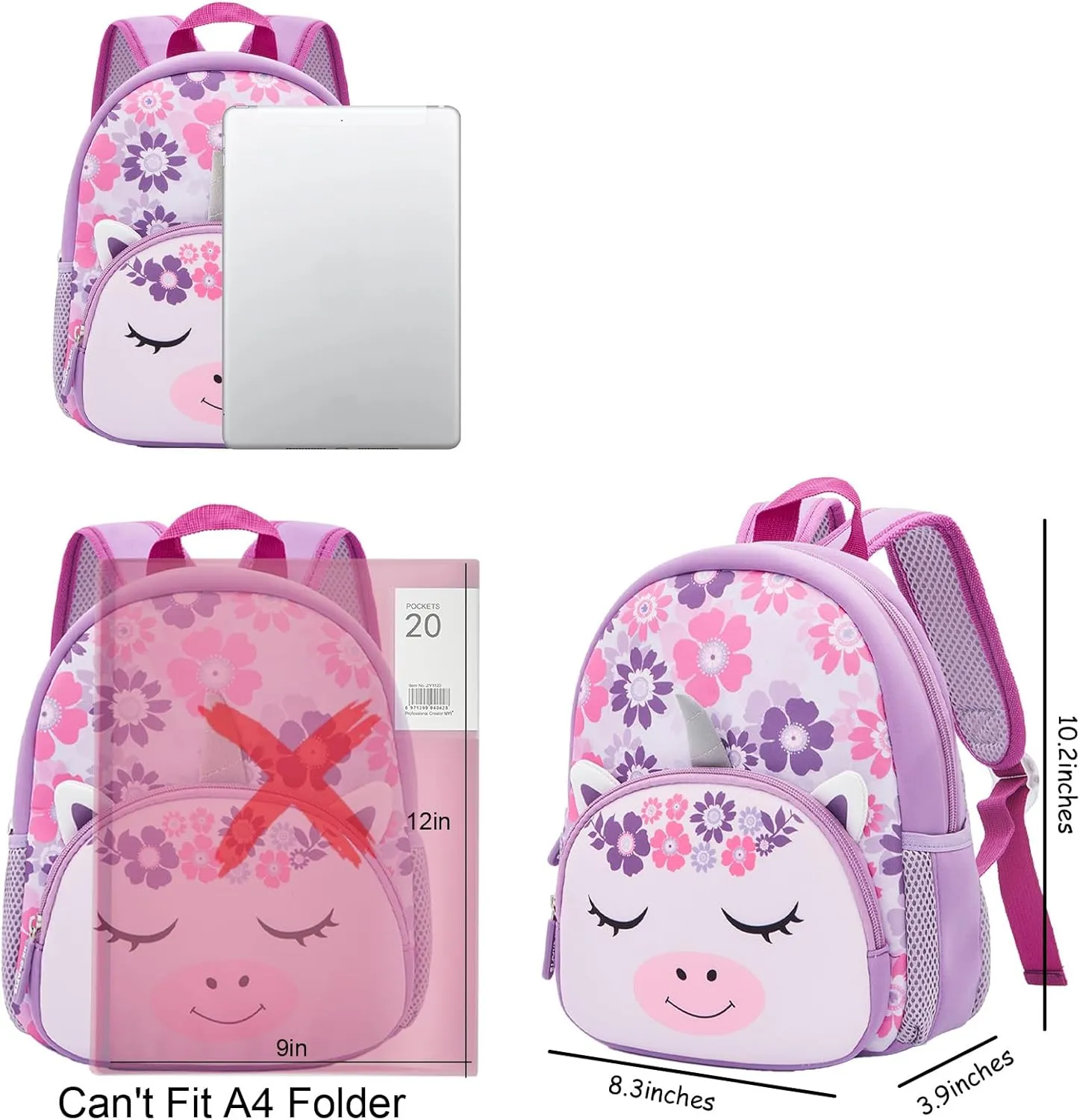 KK CRAFTS Preschool Backpack Toddler Neoprene Animal Schoolbag Lunch backpack for Kids Boys Girls(Silver-Horn Unicorn)
