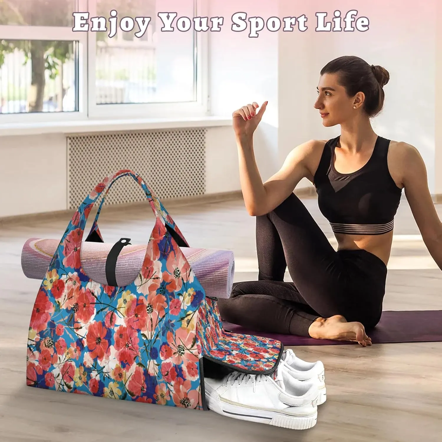 KOBLEN Yoga Gym Bags for Women Duffel Bag with Shoe Compartment and Yoga Mat Portable Weekender Bags for Pilates Travel Offices Workout Beach