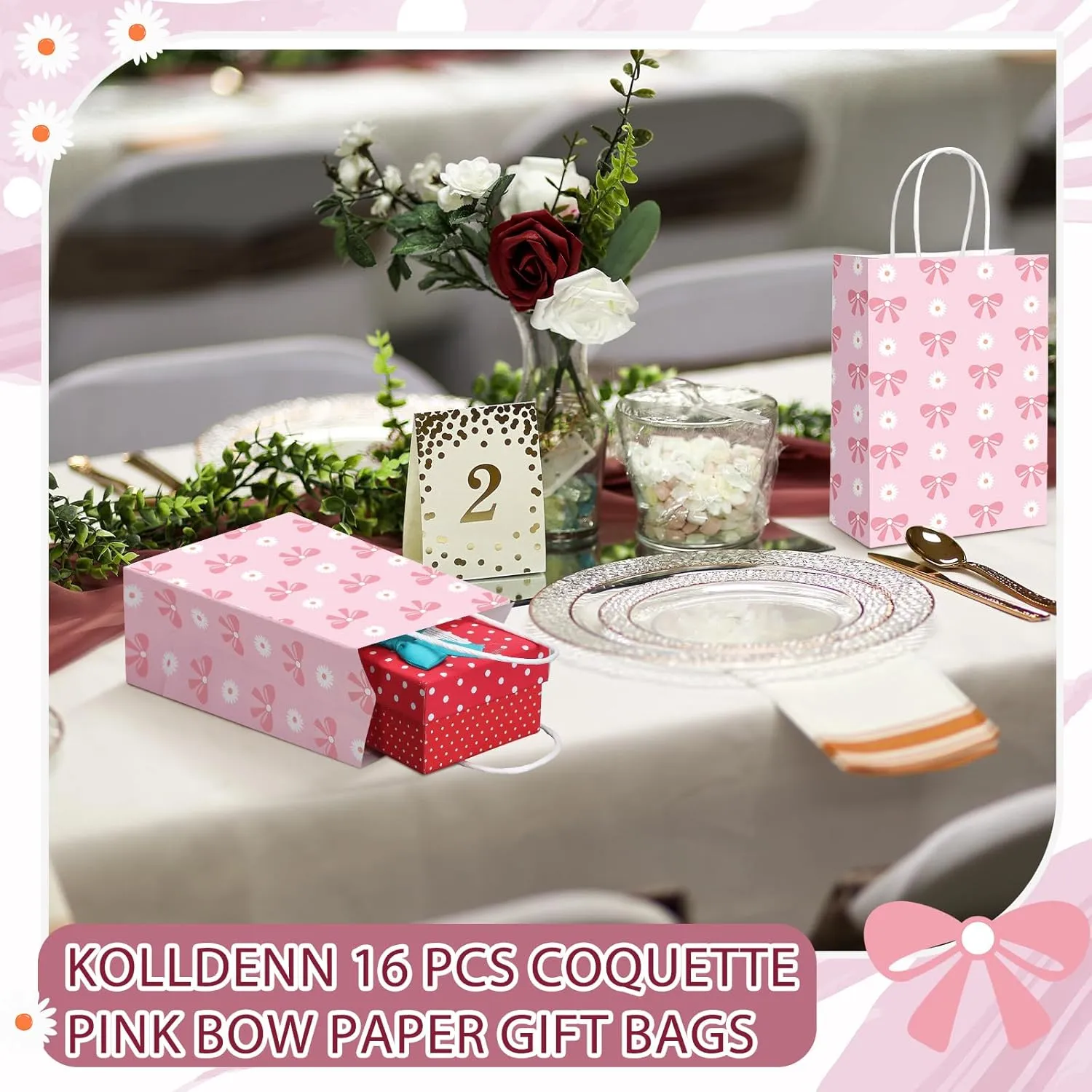 Kolldenn 16 Pcs Coquette Pink Bow Paper Gift Bags Women Birthday Christmas Party Favor Goodie Candy Bags with Handles for Bridal Engagement Party Supplies 8.3 x 5.9 x 3.1 in(Pink,Daisy Bow)