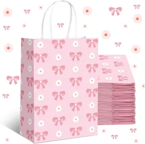 Kolldenn 16 Pcs Coquette Pink Bow Paper Gift Bags Women Birthday Christmas Party Favor Goodie Candy Bags with Handles for Bridal Engagement Party Supplies 8.3 x 5.9 x 3.1 in(Pink,Daisy Bow)
