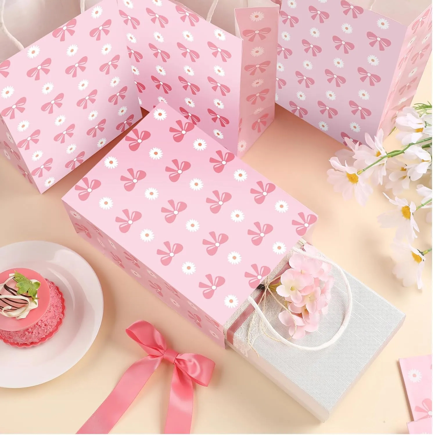 Kolldenn 16 Pcs Coquette Pink Bow Paper Gift Bags Women Birthday Christmas Party Favor Goodie Candy Bags with Handles for Bridal Engagement Party Supplies 8.3 x 5.9 x 3.1 in(Pink,Daisy Bow)