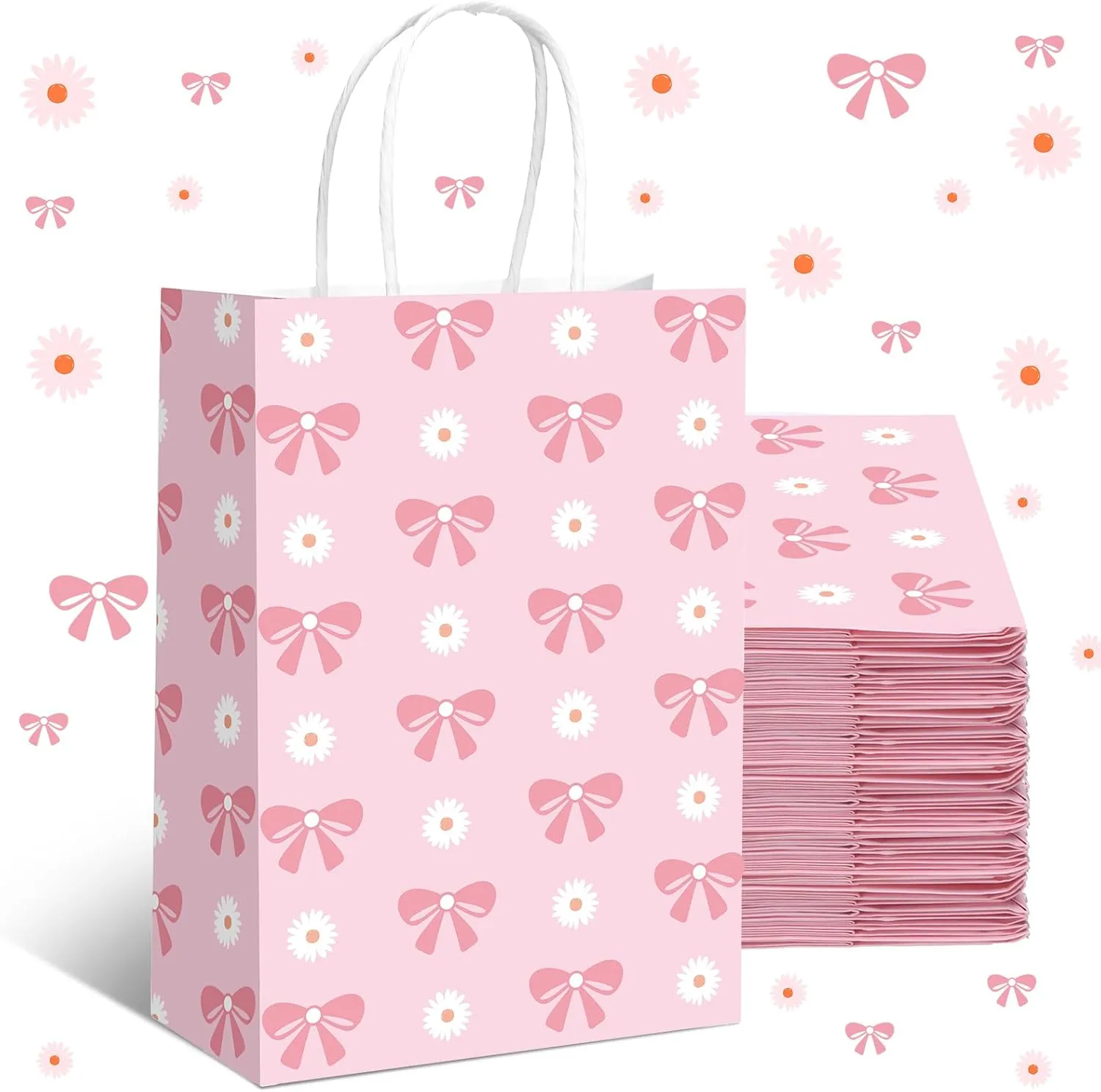 Kolldenn 16 Pcs Coquette Pink Bow Paper Gift Bags Women Birthday Christmas Party Favor Goodie Candy Bags with Handles for Bridal Engagement Party Supplies 8.3 x 5.9 x 3.1 in(Pink,Daisy Bow)