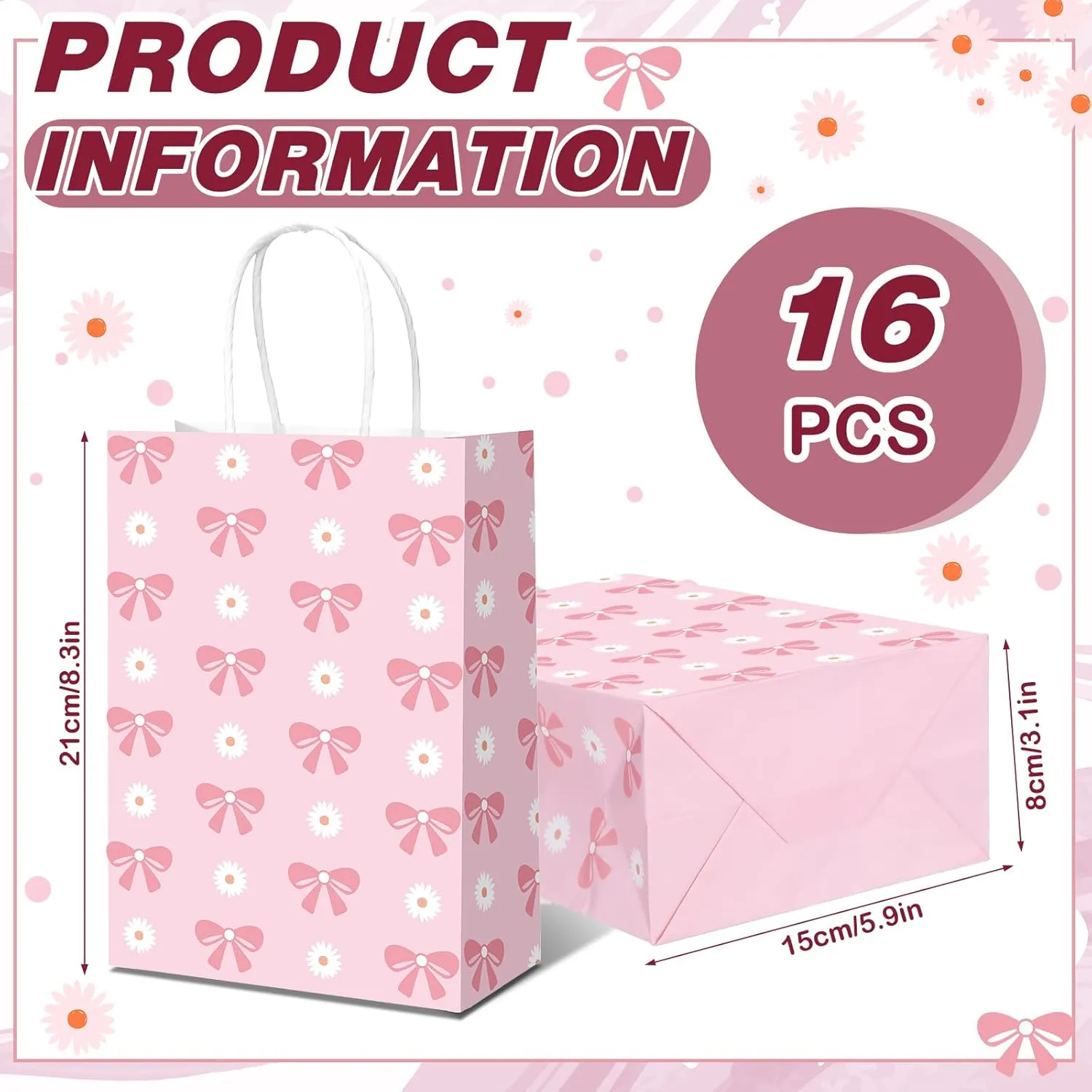 Kolldenn 16 Pcs Coquette Pink Bow Paper Gift Bags Women Birthday Christmas Party Favor Goodie Candy Bags with Handles for Bridal Engagement Party Supplies 8.3 x 5.9 x 3.1 in(Pink,Daisy Bow)