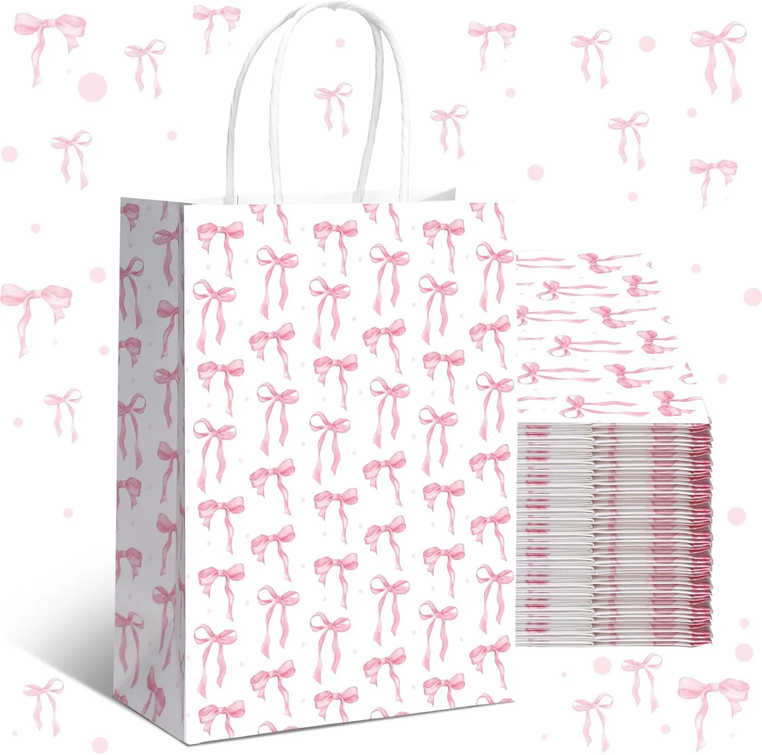 Kolldenn 16 Pcs Coquette Pink Bow Paper Gift Bags Women Birthday Christmas Party Favor Goodie Candy Bags with Handles for Bridal Engagement Party Supplies 8.3 x 5.9 x 3.1 in(White,Small Bow)