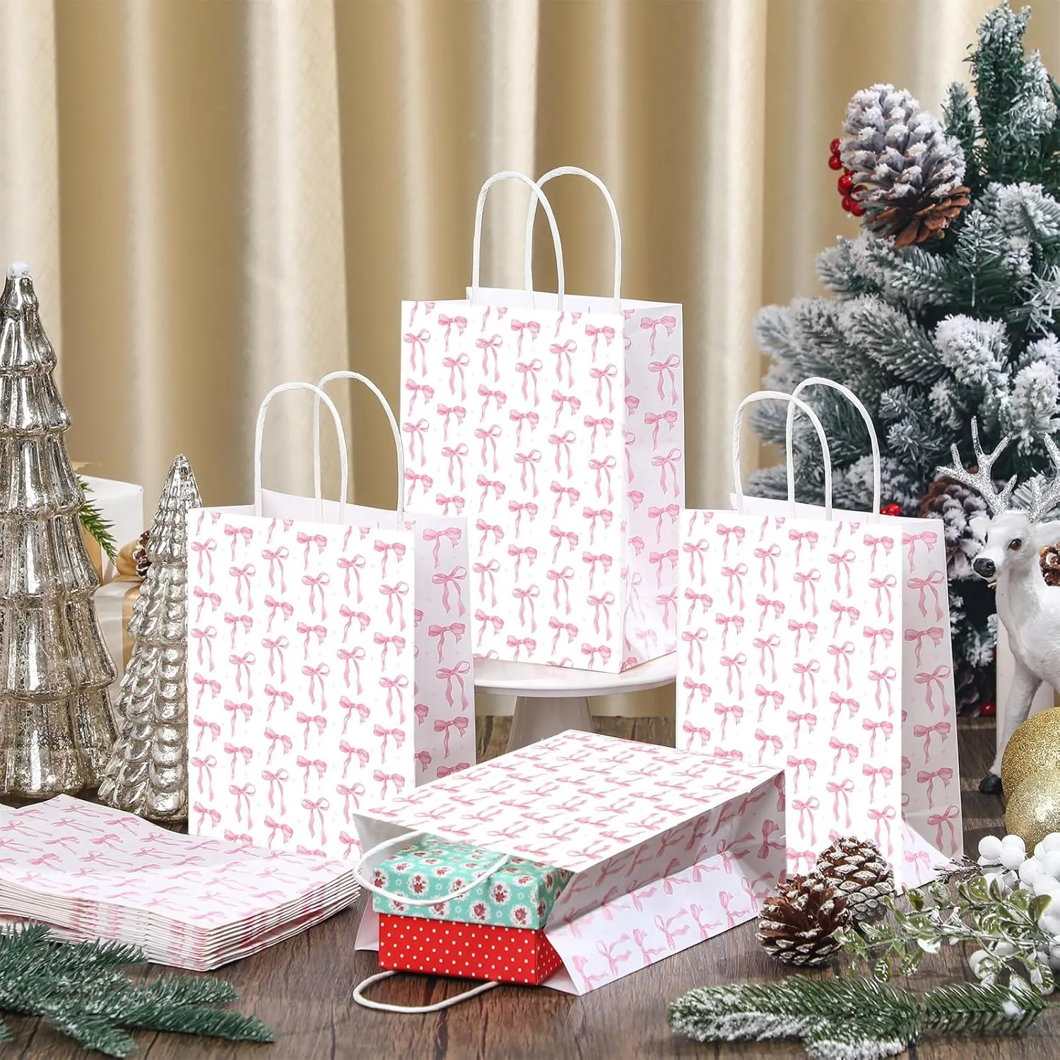 Kolldenn 16 Pcs Coquette Pink Bow Paper Gift Bags Women Birthday Christmas Party Favor Goodie Candy Bags with Handles for Bridal Engagement Party Supplies 8.3 x 5.9 x 3.1 in(White,Small Bow)