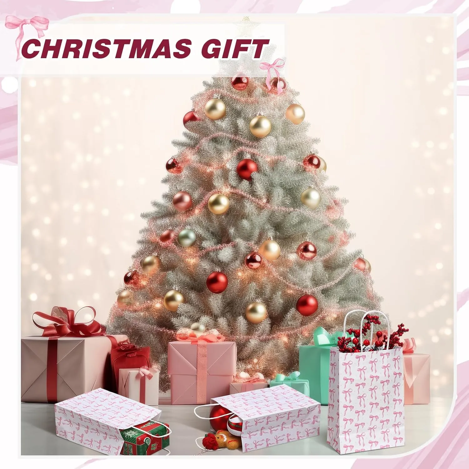 Kolldenn 16 Pcs Coquette Pink Bow Paper Gift Bags Women Birthday Christmas Party Favor Goodie Candy Bags with Handles for Bridal Engagement Party Supplies 8.3 x 5.9 x 3.1 in(White,Small Bow)