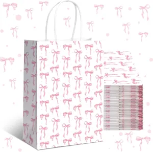 Kolldenn 16 Pcs Coquette Pink Bow Paper Gift Bags Women Birthday Christmas Party Favor Goodie Candy Bags with Handles for Bridal Engagement Party Supplies 8.3 x 5.9 x 3.1 in(White,Small Bow)