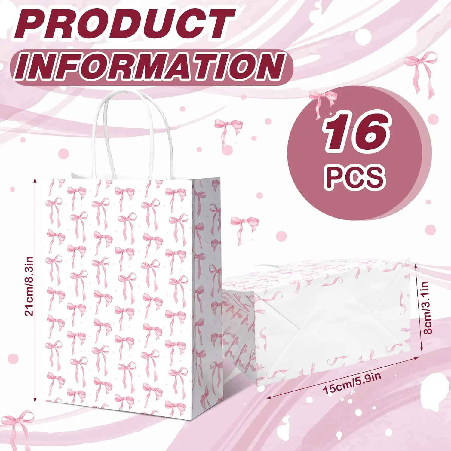 Kolldenn 16 Pcs Coquette Pink Bow Paper Gift Bags Women Birthday Christmas Party Favor Goodie Candy Bags with Handles for Bridal Engagement Party Supplies 8.3 x 5.9 x 3.1 in(White,Small Bow)