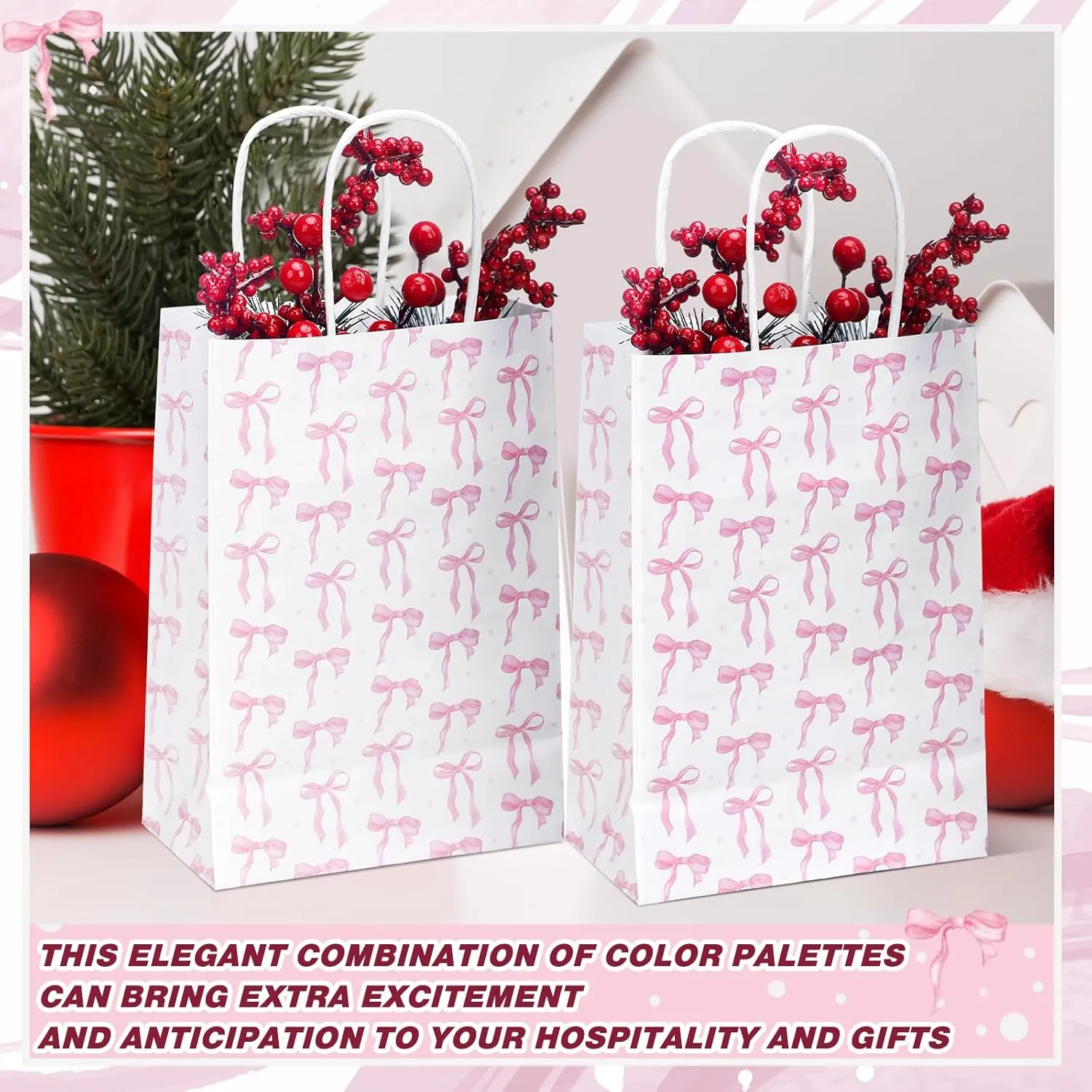 Kolldenn 16 Pcs Coquette Pink Bow Paper Gift Bags Women Birthday Christmas Party Favor Goodie Candy Bags with Handles for Bridal Engagement Party Supplies 8.3 x 5.9 x 3.1 in(White,Small Bow)