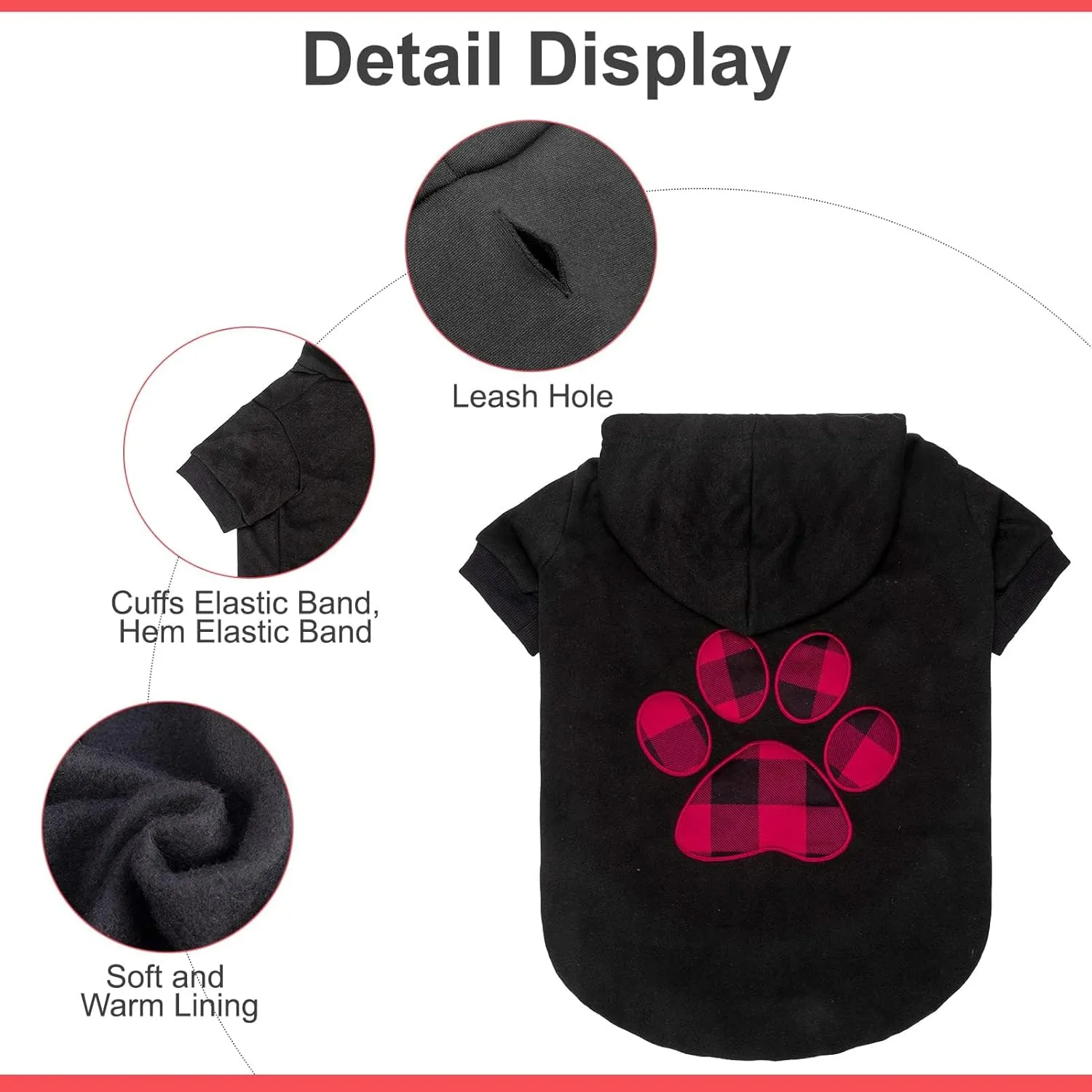 KOOLTAIL Plaid Dog Hoodie Pet Clothes Sweater with Hat and Pocket for Small Medium Large Size Dogs, Soft Winter Warm Dog Cold Weather Coat, Fleece Fall Dog Hooded Sweatshirt for Puppy Cats, Black L
