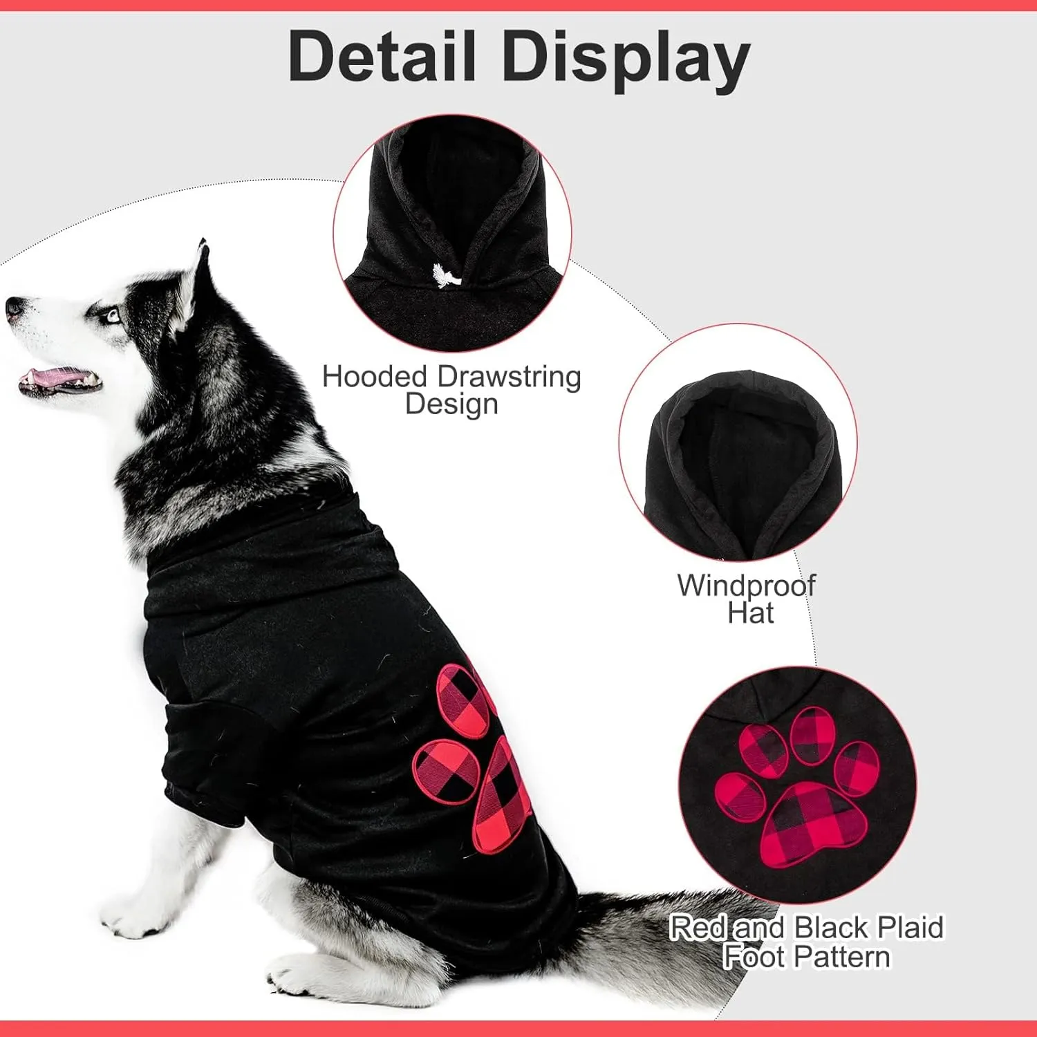 KOOLTAIL Plaid Dog Hoodie Pet Clothes Sweater with Hat and Pocket for Small Medium Large Size Dogs, Soft Winter Warm Dog Cold Weather Coat, Fleece Fall Dog Hooded Sweatshirt for Puppy Cats, Black L