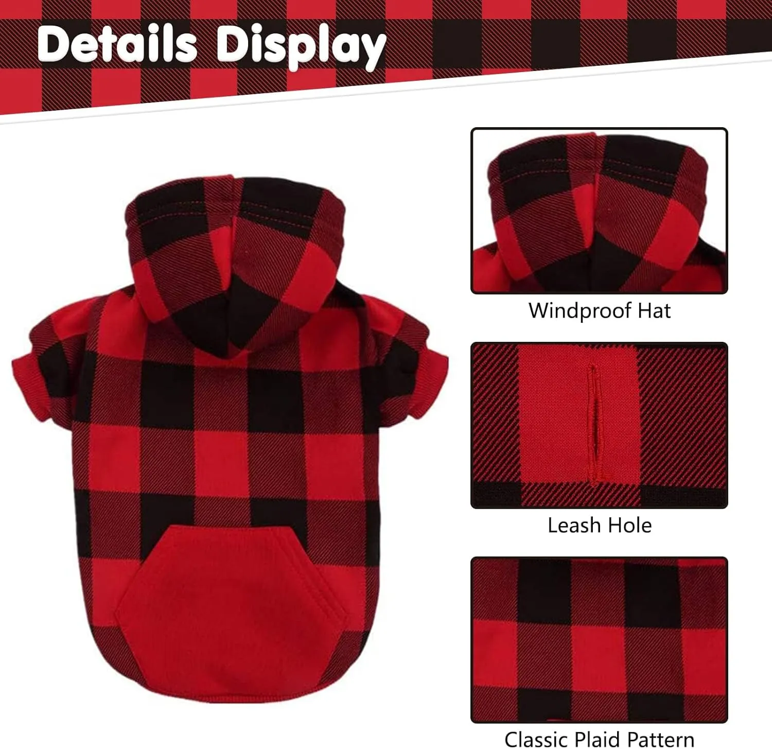 KOOLTAIL Plaid Dog Hoodie Pet Clothes Sweater with Hat and Pocket for Small Medium Large Size Dogs, Soft Winter Warm Dog Cold Weather Coat, Fleece Fall Dog Hooded Sweatshirt for Puppy Cats, Red XL