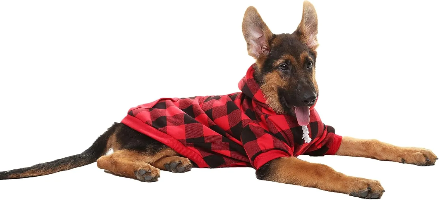 KOOLTAIL Plaid Dog Hoodie Pet Clothes Sweater with Hat and Pocket for Small Medium Large Size Dogs, Soft Winter Warm Dog Cold Weather Coat, Fleece Fall Dog Hooded Sweatshirt for Puppy Cats, Red XL