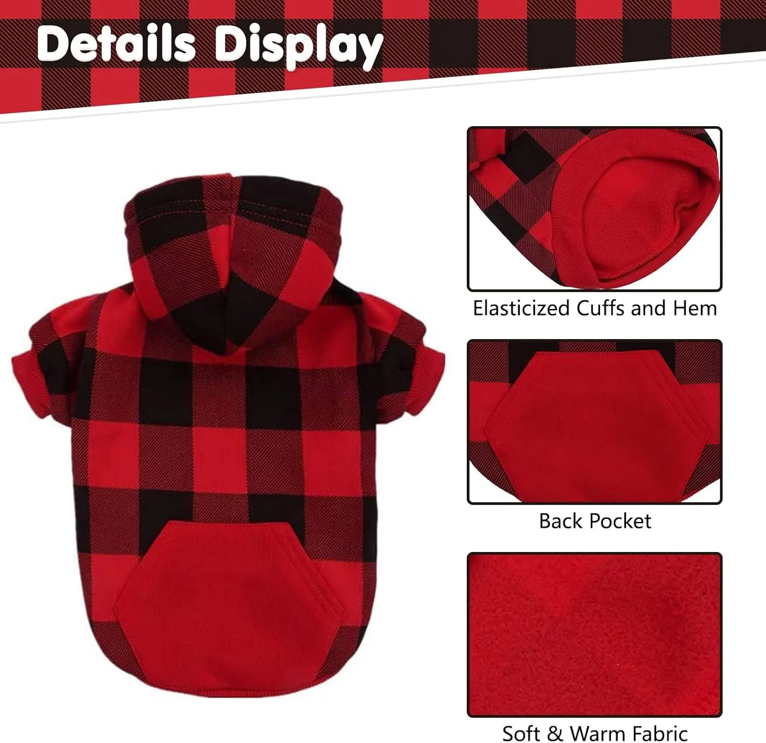 KOOLTAIL Plaid Dog Hoodie Pet Clothes Sweater with Hat and Pocket for Small Medium Large Size Dogs, Soft Winter Warm Dog Cold Weather Coat, Fleece Fall Dog Hooded Sweatshirt for Puppy Cats, Red XL
