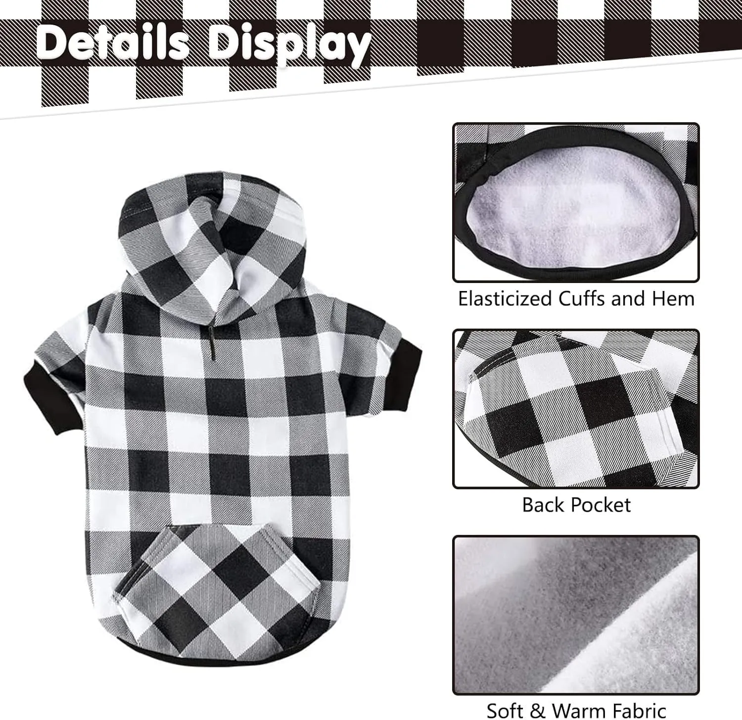 KOOLTAIL Plaid Dog Hoodie Pet Clothes Sweater with Hat and Pocket for Small Medium Large Size Dogs, Soft Winter Warm Dog Cold Weather Coat, Fleece Fall Dog Hooded Sweatshirt for Puppy Cats, White XL