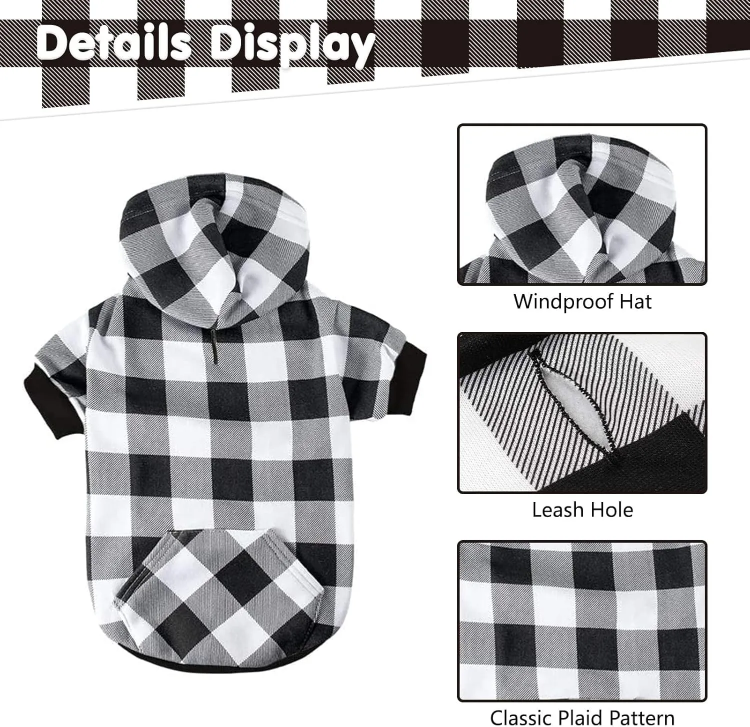 KOOLTAIL Plaid Dog Hoodie Pet Clothes Sweater with Hat and Pocket for Small Medium Large Size Dogs, Soft Winter Warm Dog Cold Weather Coat, Fleece Fall Dog Hooded Sweatshirt for Puppy Cats, White XL