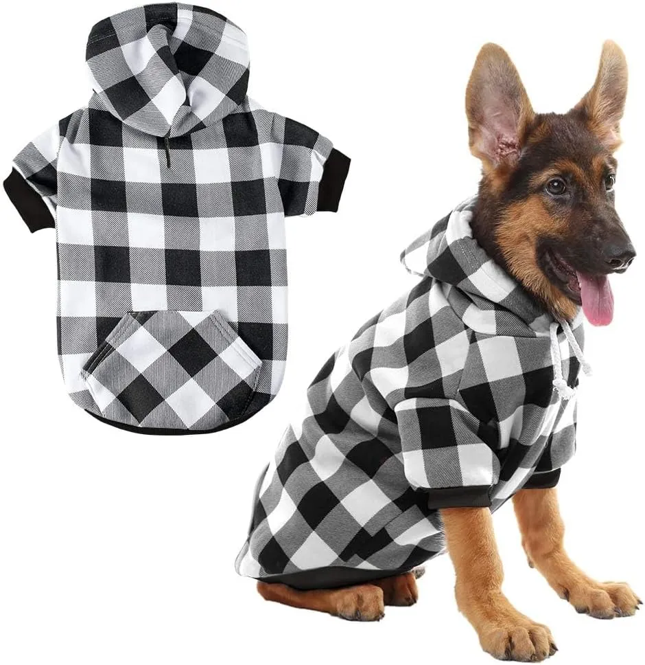 KOOLTAIL Plaid Dog Hoodie Pet Clothes Sweater with Hat and Pocket for Small Medium Large Size Dogs, Soft Winter Warm Dog Cold Weather Coat, Fleece Fall Dog Hooded Sweatshirt for Puppy Cats, White XL