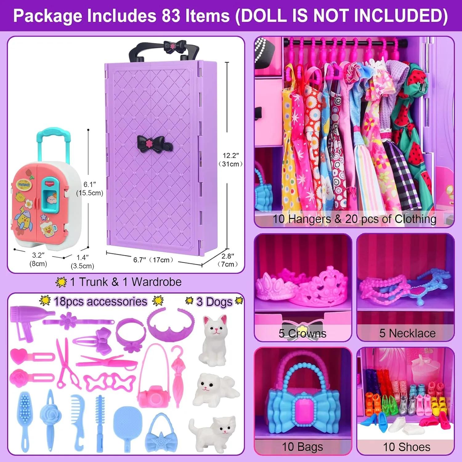 K.T. Fancy 83 Pcs Dolls & Accessories with Purple Closet Wardrobe for 11.5 Inch Doll Dress Up Set Including Wardrobe Shoes, Wallet, Dress Hangers, Brush, Necklace, Pet and Other Accessories