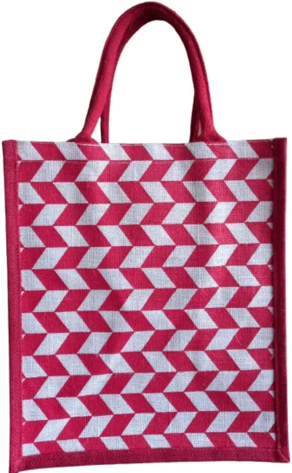 KVR Natural Jute burlap wine beer whisky vodka bottle carrier sturdy environment friendly bag with option to use as lunch bag (6 Bottle Bag, White with Red Chevron print)