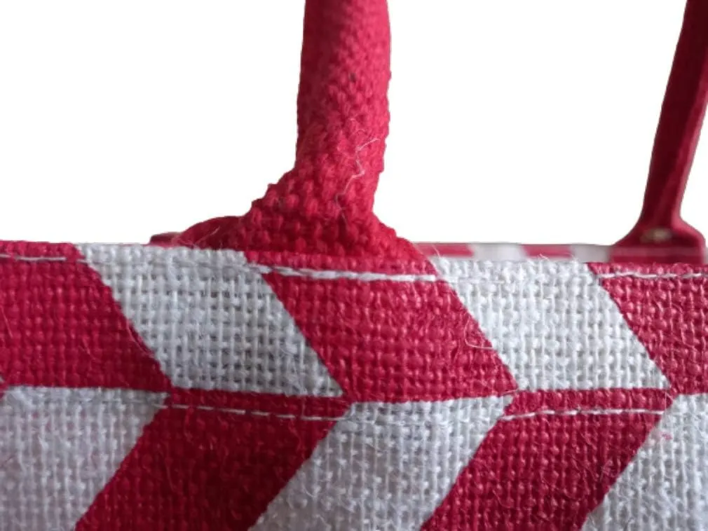 KVR Natural Jute burlap wine beer whisky vodka bottle carrier sturdy environment friendly bag with option to use as lunch bag (6 Bottle Bag, White with Red Chevron print)