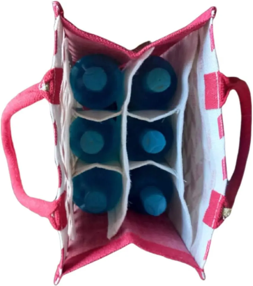 KVR Natural Jute burlap wine beer whisky vodka bottle carrier sturdy environment friendly bag with option to use as lunch bag (6 Bottle Bag, White with Red Chevron print)