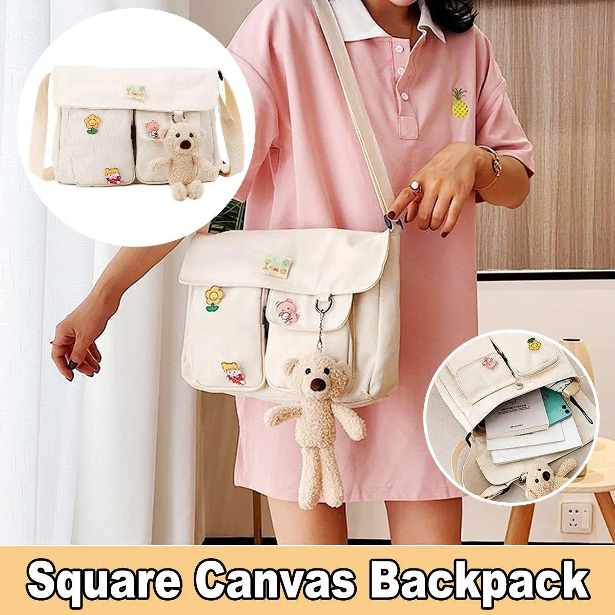 Ladies Small Square Canvas Bag Large Capacity Shoulder Handbag for Everyday Use