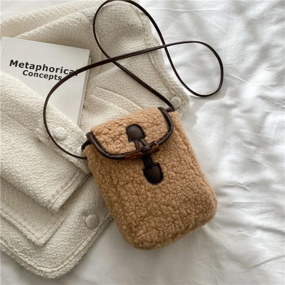 Lamb Fleece Phone Bag Wooly Bag Mobile Phone Bag Shoulder Crossbody Small Bag Female Autumn Winter Vintage Lamb Wool Bag