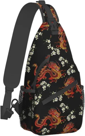 Large Capacity Sling Chest Bag Backpack, Fashion Compatible with Japanese Chinese Dragon Flower Black Floral Daypack, Cross Body Funny Shoulder Sack with Adjutable Strap for Men Women Travel