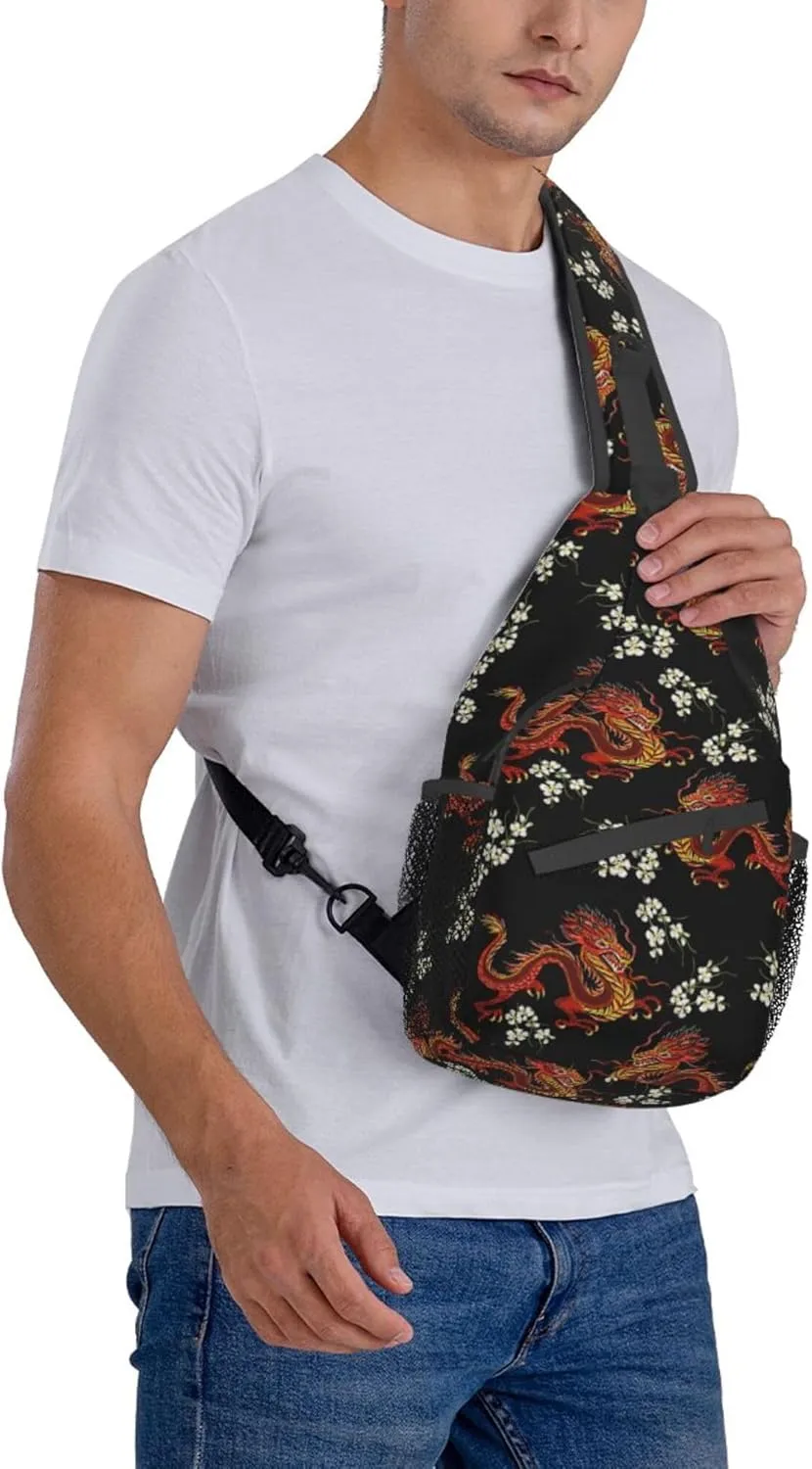 Large Capacity Sling Chest Bag Backpack, Fashion Compatible with Japanese Chinese Dragon Flower Black Floral Daypack, Cross Body Funny Shoulder Sack with Adjutable Strap for Men Women Travel