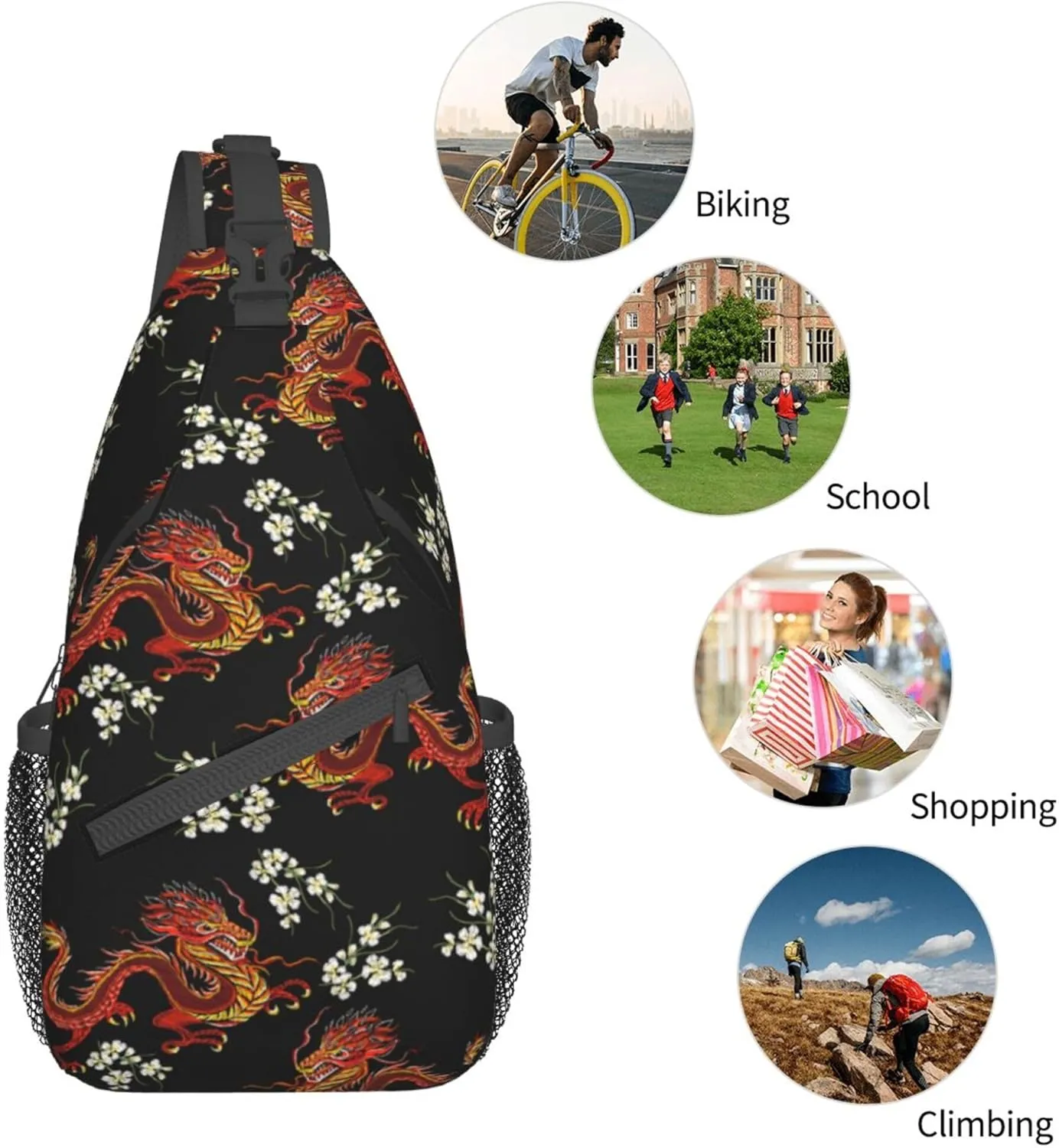 Large Capacity Sling Chest Bag Backpack, Fashion Compatible with Japanese Chinese Dragon Flower Black Floral Daypack, Cross Body Funny Shoulder Sack with Adjutable Strap for Men Women Travel