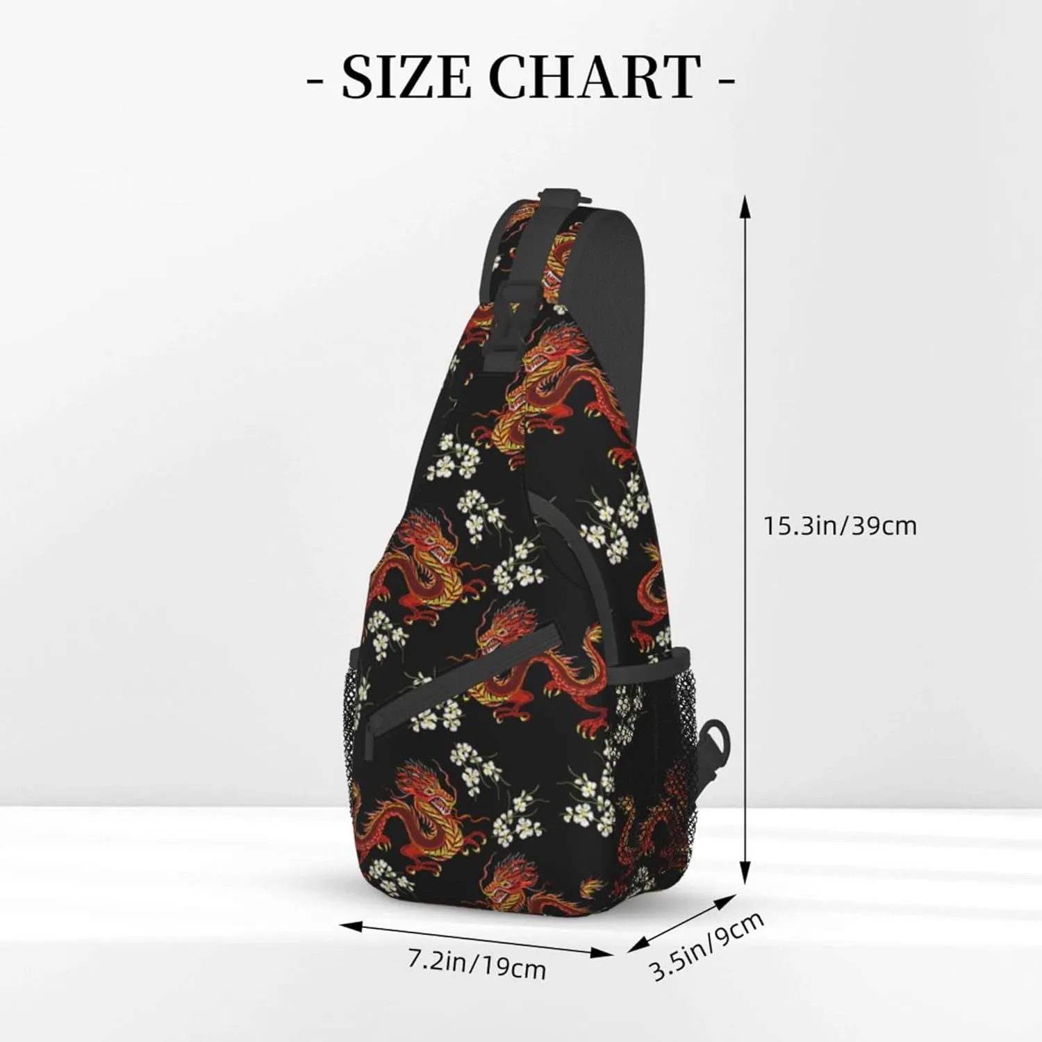 Large Capacity Sling Chest Bag Backpack, Fashion Compatible with Japanese Chinese Dragon Flower Black Floral Daypack, Cross Body Funny Shoulder Sack with Adjutable Strap for Men Women Travel