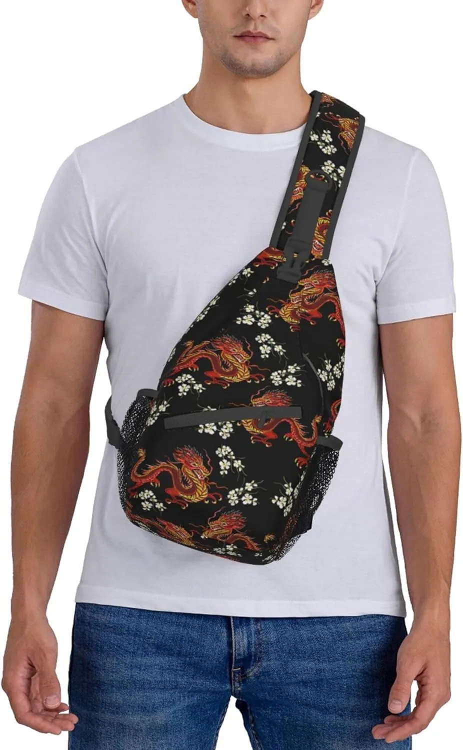 Large Capacity Sling Chest Bag Backpack, Fashion Compatible with Japanese Chinese Dragon Flower Black Floral Daypack, Cross Body Funny Shoulder Sack with Adjutable Strap for Men Women Travel