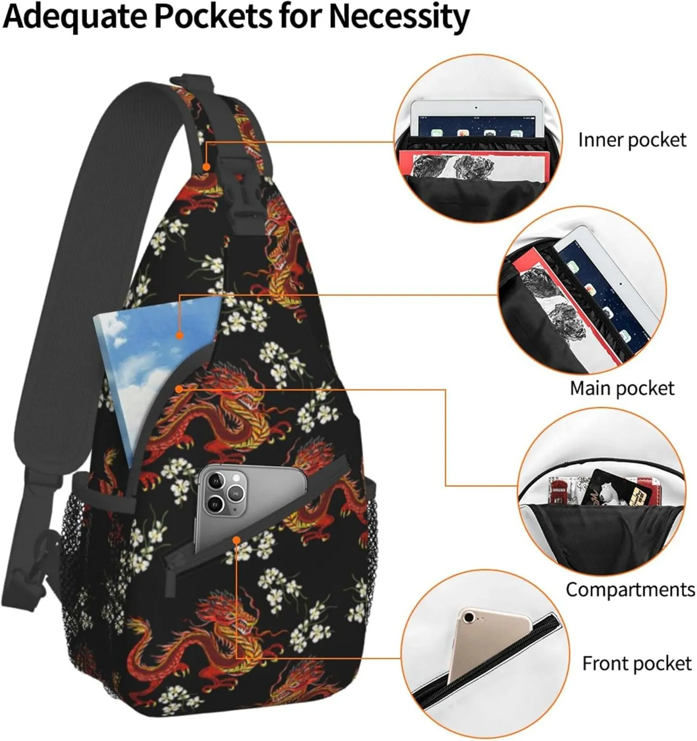 Large Capacity Sling Chest Bag Backpack, Fashion Compatible with Japanese Chinese Dragon Flower Black Floral Daypack, Cross Body Funny Shoulder Sack with Adjutable Strap for Men Women Travel