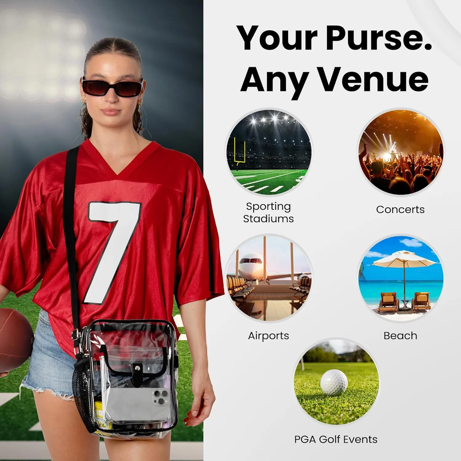 Large Clear Stadium Purse with Drink Holder - Transparent Crossbody Tote Bag for Stadiums, Sports Events, Concerts and Travel