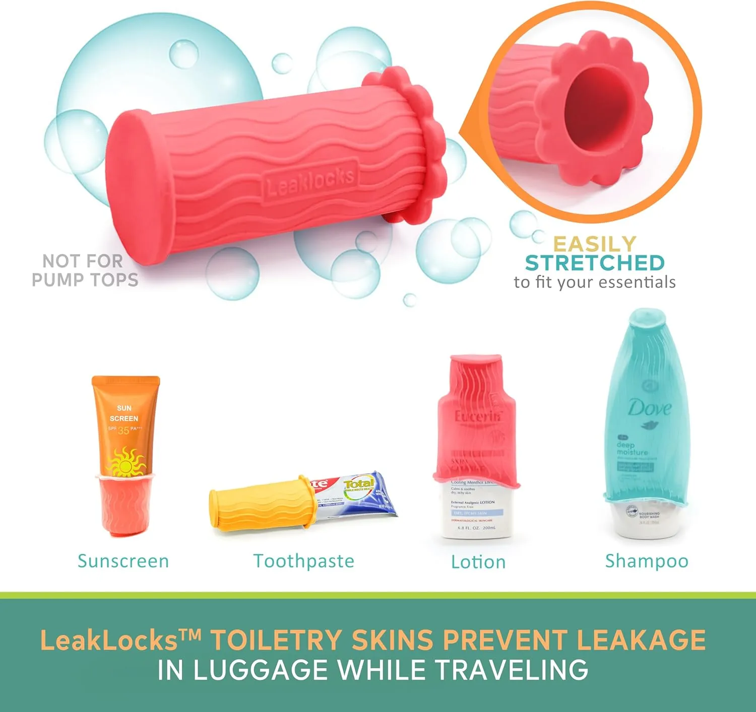 LeakLocks® Toiletry Skins™ Elastic Sleeve for Leak Proofing Travel Container in Luggage. For Standard and Travel Sized Toiletries. Reusable Accessory for Travel Bag Suitcase and Carry-on Luggage