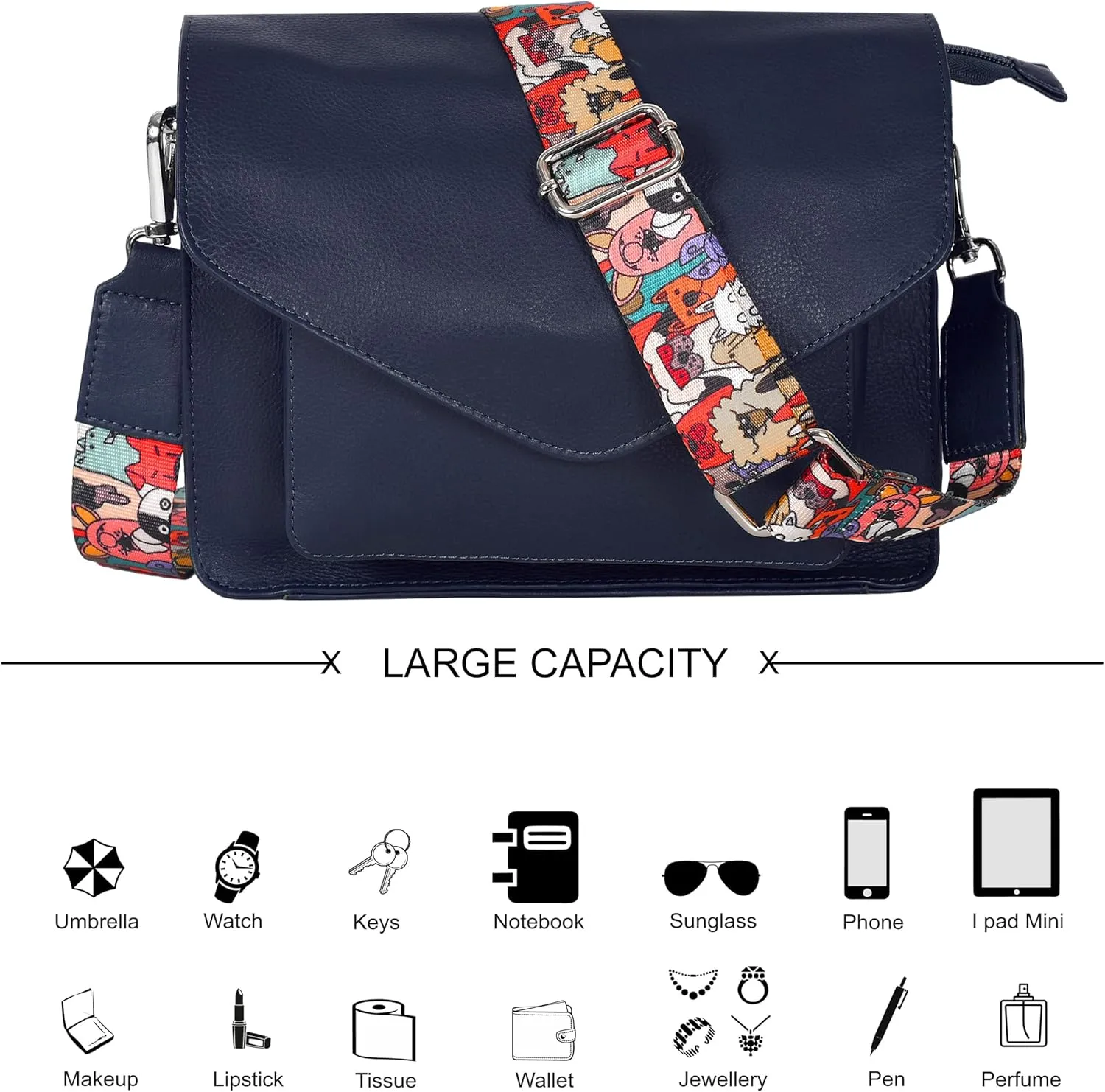 Leather Flapover Crossbody Handbag Purse for Women with Adjustable Strap & Overflap Snap Closure Tote/Bag