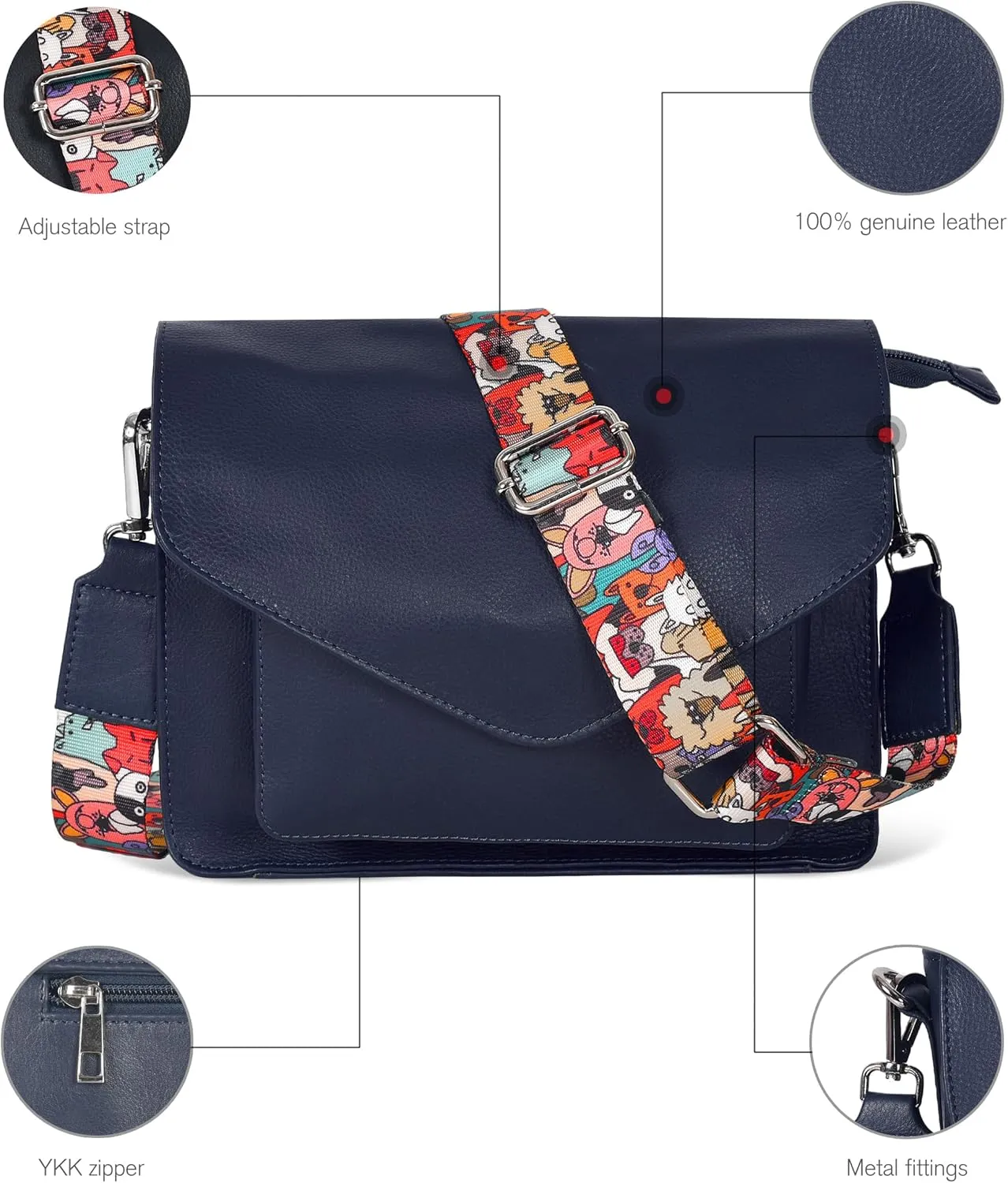 Leather Flapover Crossbody Handbag Purse for Women with Adjustable Strap & Overflap Snap Closure Tote/Bag